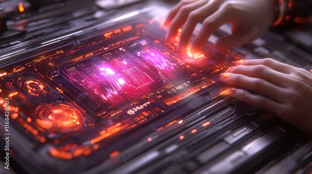 Poster futuristic interface with glowing technology, hands manipulating vibrant digital displays, showcasin