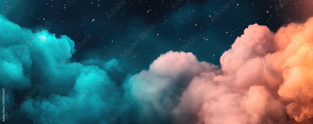 Poster Galaxy abstract background concept. Vibrant colorful clouds against a deep starry night sky, creating a dreamy atmosphere.