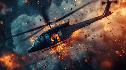 Burning Helicopter Crash: Dramatic Aerial Action Scene