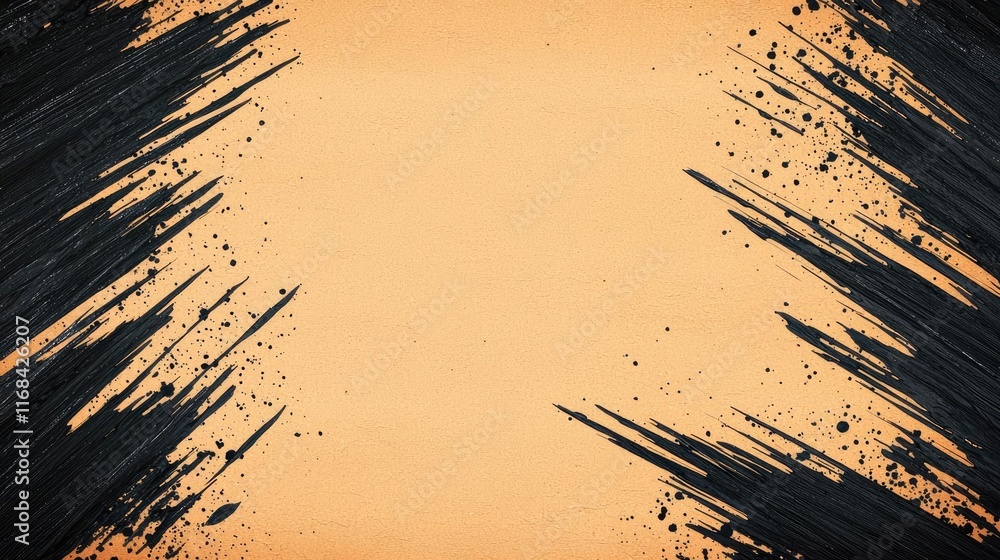 Poster grungy abstract background idea. textured background with bold black brush strokes on a warm orange 