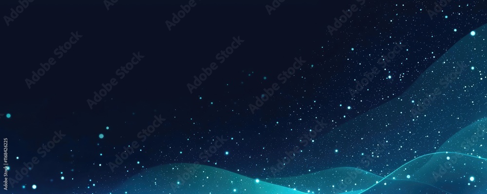 Poster Galaxy abstract background concept. Abstract wave design with sparkling particles on a dark background for creative projects.