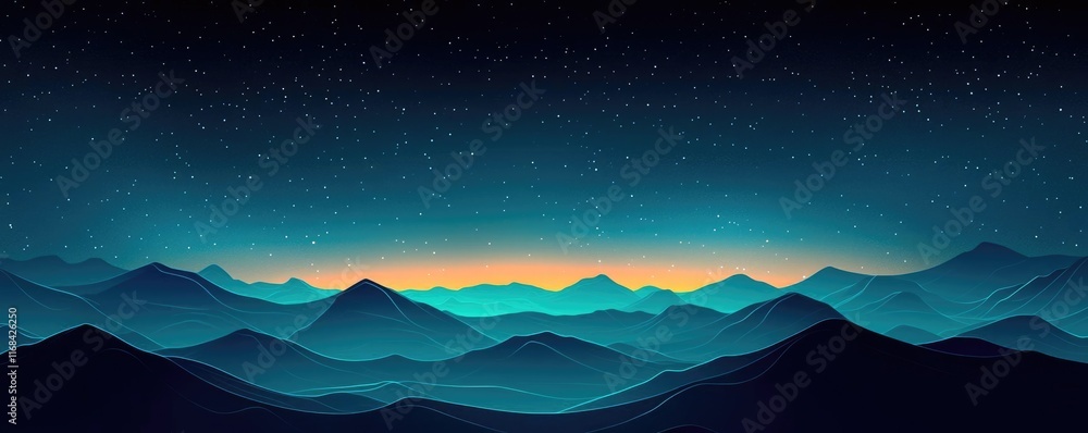 Poster galaxy abstract background concept. a serene view of rolling mountains under a starry night sky with