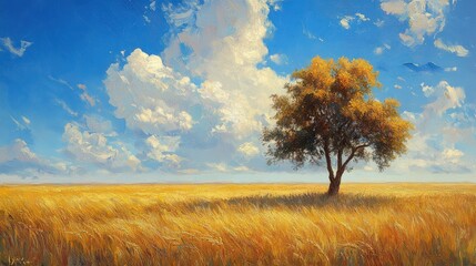 Obraz premium Solitary Tree in a Serene Golden Wheat Field Landscape