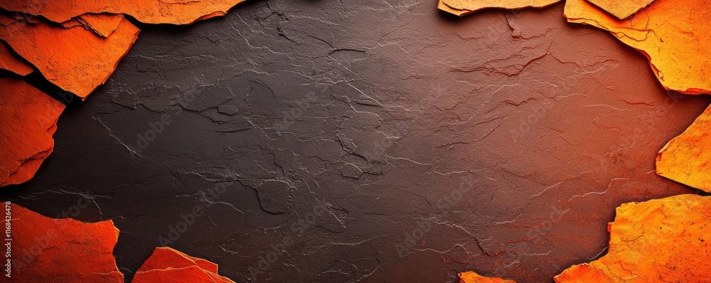 Poster Grungy abstract background idea. A textured background of cracked and layered surfaces in warm orange and dark tones.