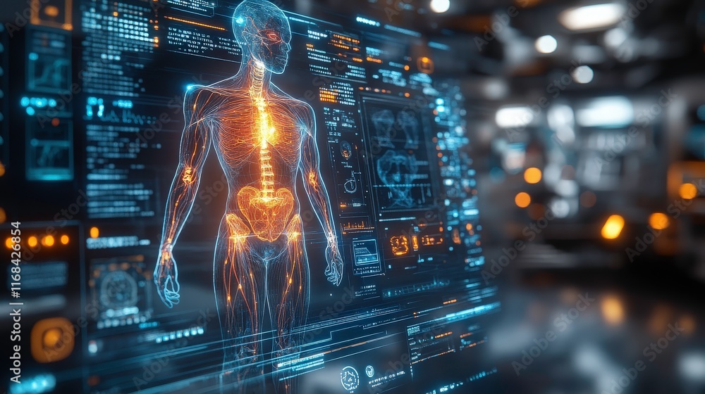Poster high-tech human anatomy visualization with digital interface and data display in a futuristic medica