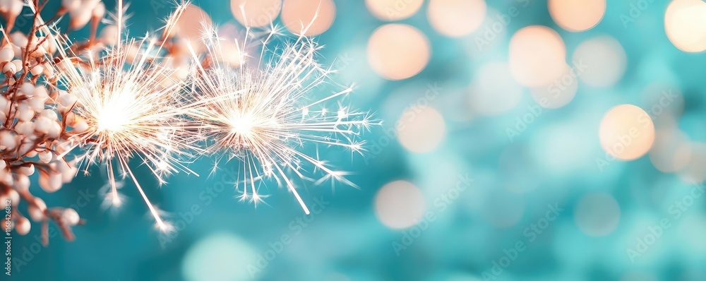 Poster burst abstract background concept. close-up of sparklers igniting against a dreamy turquoise backgro