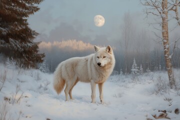 Obraz premium Majestic white wolf standing in a snowy forest under the moonlight during a serene evening