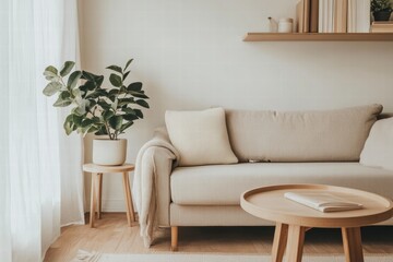 Calm and inviting living room featuring a beige sofa, cozy knit throw, wooden furniture, and a lush potted plant. Bright natural light fills the space.