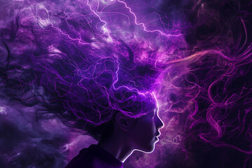 A person suffering from epilepsy. Side view of a human head on a purple background with copy space representing epilepsy or seizure disorder. Epilepsy awareness concept.