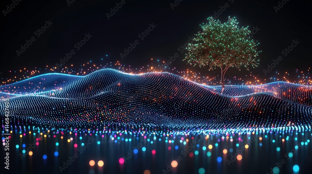 Poster vibrant digital landscape with illuminated terrain and a single tree set against a dark background, 