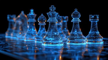 Glowing Transparent Chess Set with Illuminated Pieces on a Dark Background, Showcasing the Intricacy of Light and Glass in a Strategic Game Atmosphere
