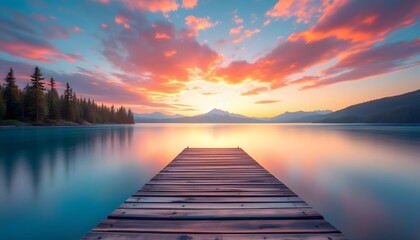 Obraz premium Wooden pier on mountain lake at sunset. Beautiful landscape with pink and orange clouds reflecting in turquoise water. Nature vacation spot. Summer travel destination with copy space
