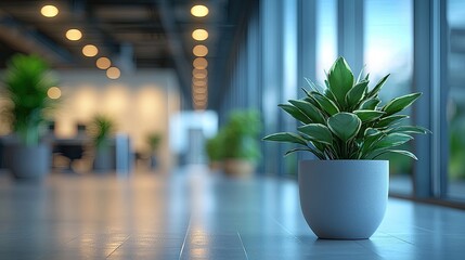 Modern office interior featuring a green potted plant near windows with soft lighting during the day