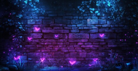 Glowing neon hearts on a brick wall with vines and plants.