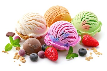 Colorful ice cream scoops with cone on white background.