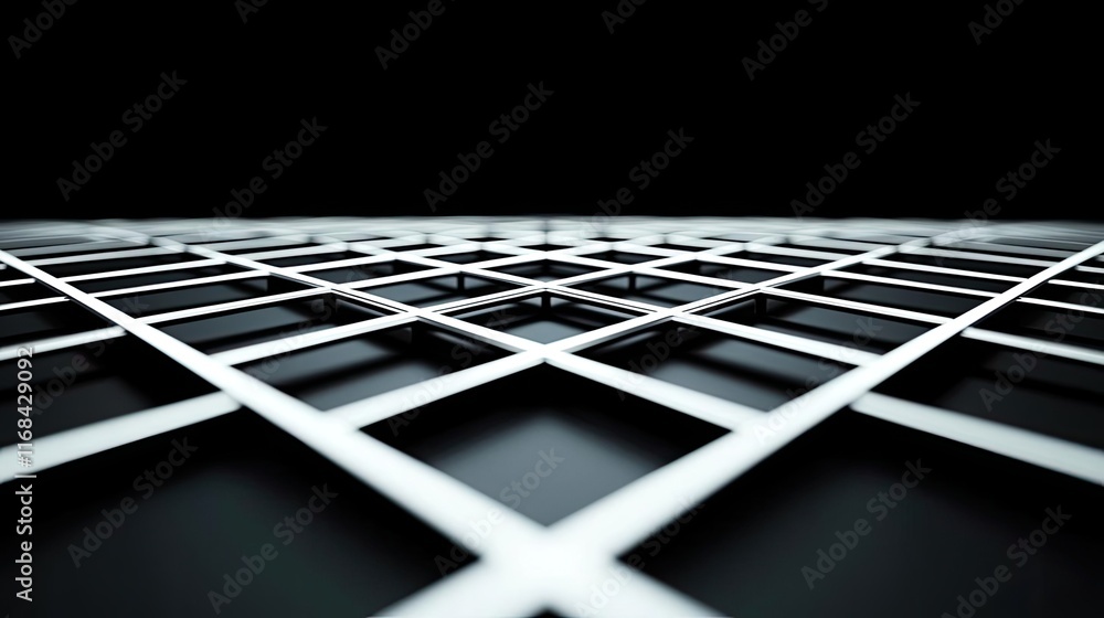 Poster Grid abstract background idea. Modern abstract grid pattern with a black background and white lines forming a perspective view.