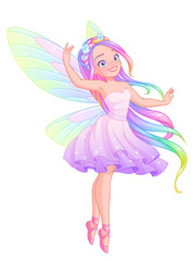 Beautiful fairy with wings and long iridescent hair. Cartoon vector illustration isolated on white background.
