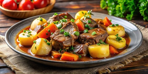 A plate of braised meat with boiled potato and vegetables in a savory sauce