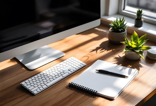 Modern workspace on wooden desk with computer keyboard, notebook and green succulents in sunlight. Home office setup with natural lighting and shadows. Minimalist workstation design