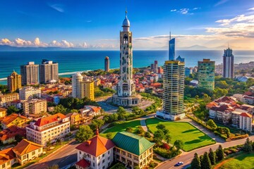 Fototapeta premium Batumi, Georgia: Aerial View of Historic Tower and Modern Skyscrapers