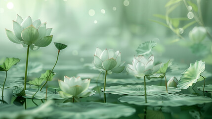 Serene Lotus Pond with Dewy Leaves Background
