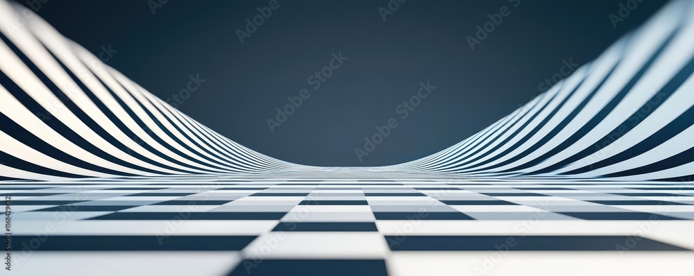 Poster Grid abstract background idea. Abstract checkered pattern with curved lines creating a 3D illusion in black and white.