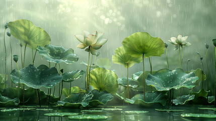 Serene Lotus Pond with Dewy Leaves Background
