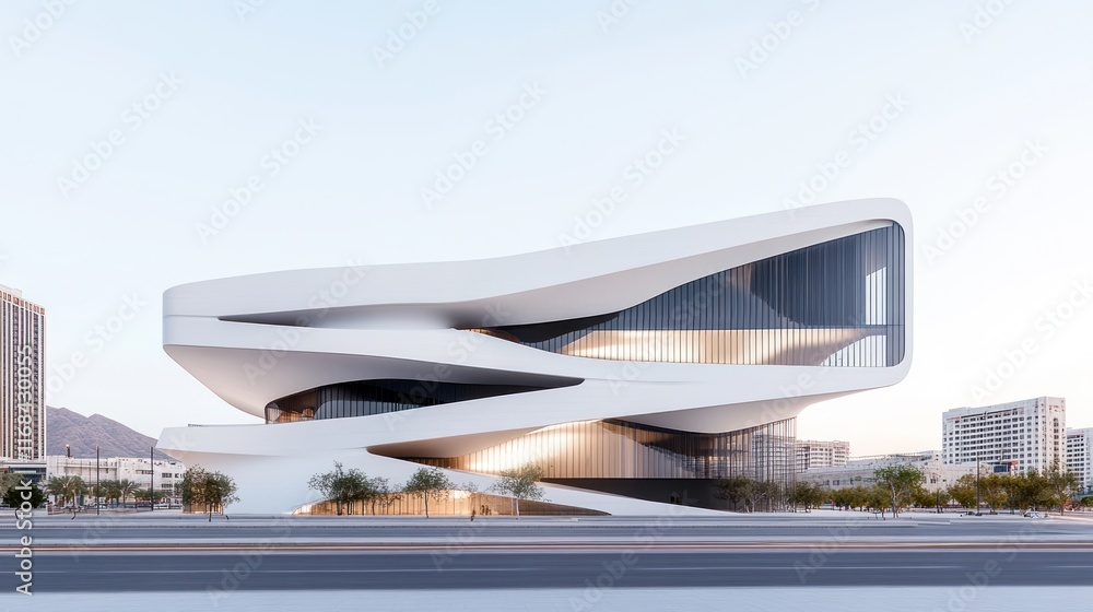 Poster modern architectural structure with dynamic curves and glass elements.