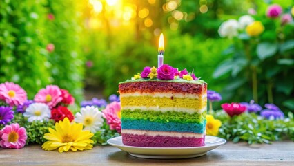 A slice of colorful birthday cake with a single candle standing upright on top, surrounded by vibrant flowers and greenery , birthday cake, baked goods