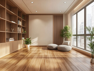 Modern living room with wooden floor, large windows, bookshelves, and potted plants.