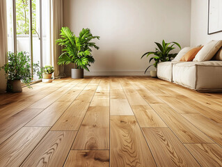 Bright living room with wooden floor, potted plants, and a cozy sofa near large windows.