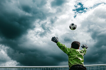 a muddy child goalkeeper diving to catch soccer ball, dramatic cloudy sky overhead