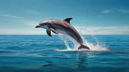 Fototapeta premium A playful dolphin jumps out of the water against a bright blue sky.The marine background conveys the joy and energy of sea life