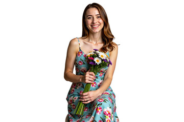 isolated smiling young woman in a floral dress sitting on a chair holding a bouquet of sunflowers