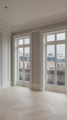 Fototapeta premium Elegant empty room with large French windows, light wooden floor, and classic architectural details.