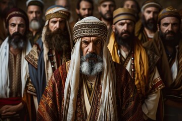 Hebrew leader with followers in traditional dress