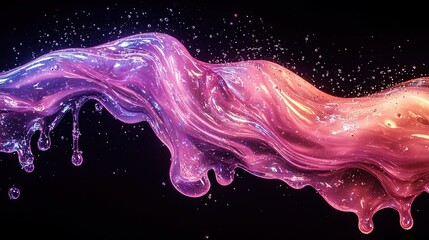 Naklejka premium Vibrant flowing liquid in shades of pink and purple against a dark background with sparkling droplets