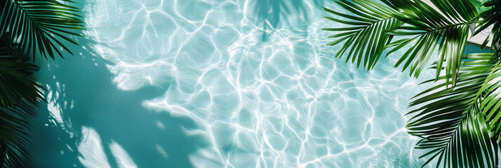 A top-down view of a crystal-clear swimming pool with rippling water reflecting sunlight, creating soft waves and patterns