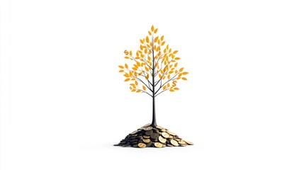 A stylized tree with golden leaves growing from a pile of coins.