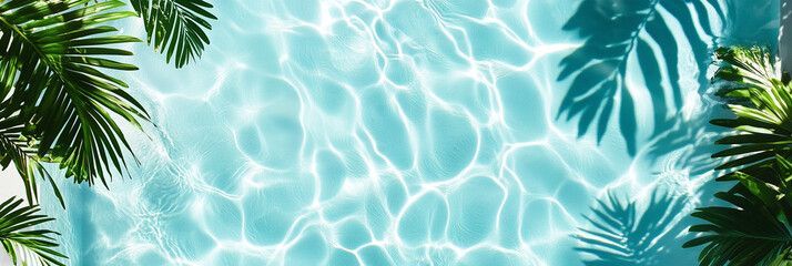 A top-down view of a crystal-clear swimming pool with rippling water reflecting sunlight, creating soft waves and patterns