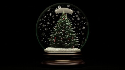 A festive Christmas snow globe with a tree surrounded by delicate snowflakes on a minimalistic black background, showcasing the holiday spirit.