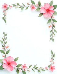 Fototapeta premium Vintage Floral Frame with Pink Blossoms and Ornamental Leaves for Elegant Designs