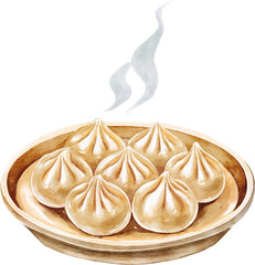 Watercolor illustration of steaming dumplings on a wooden plate, capturing warmth, tradition, and delicious charm.