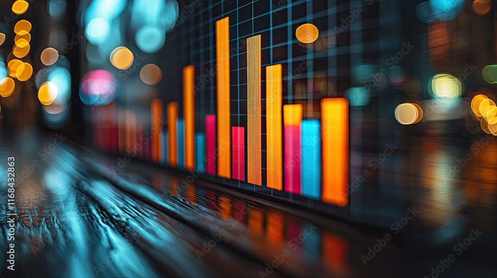 Poster colorful bar graph displayed in an urban setting highlighting data trends at night