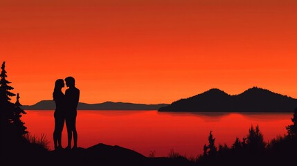 Silhouette couple kissing at sunset over lake.