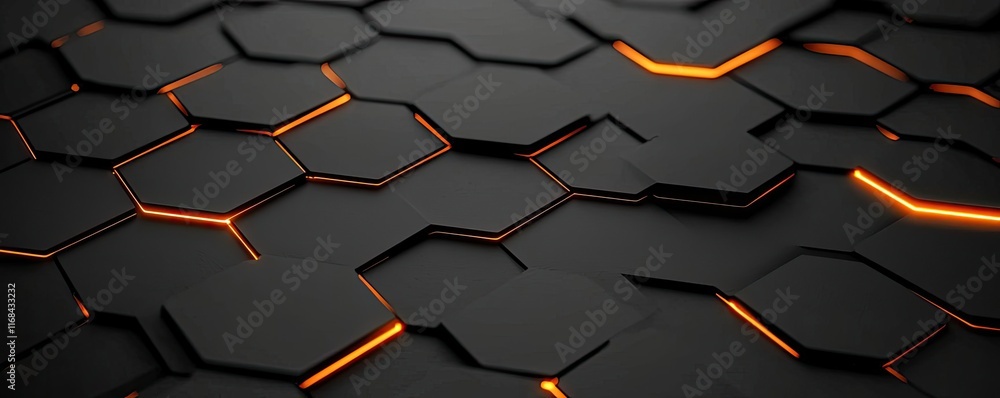 Poster Chalkboard abstract background idea. A textured pattern of hexagons with glowing orange lines on a dark background.