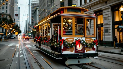 Fototapeta premium Cable Car Day. A festive cable car adorned with holiday decorations on a busy city street, featuring twinkling lights and urban charm.