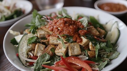 A vibrant salad topped with spicy sauce and fresh vegetables.