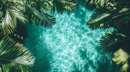 A top-down view of a crystal-clear swimming pool with rippling water reflecting sunlight, creating soft waves and patterns