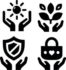Icon set featuring hands holding sun, leaves, shield, symbolizing protection, care, growth, security